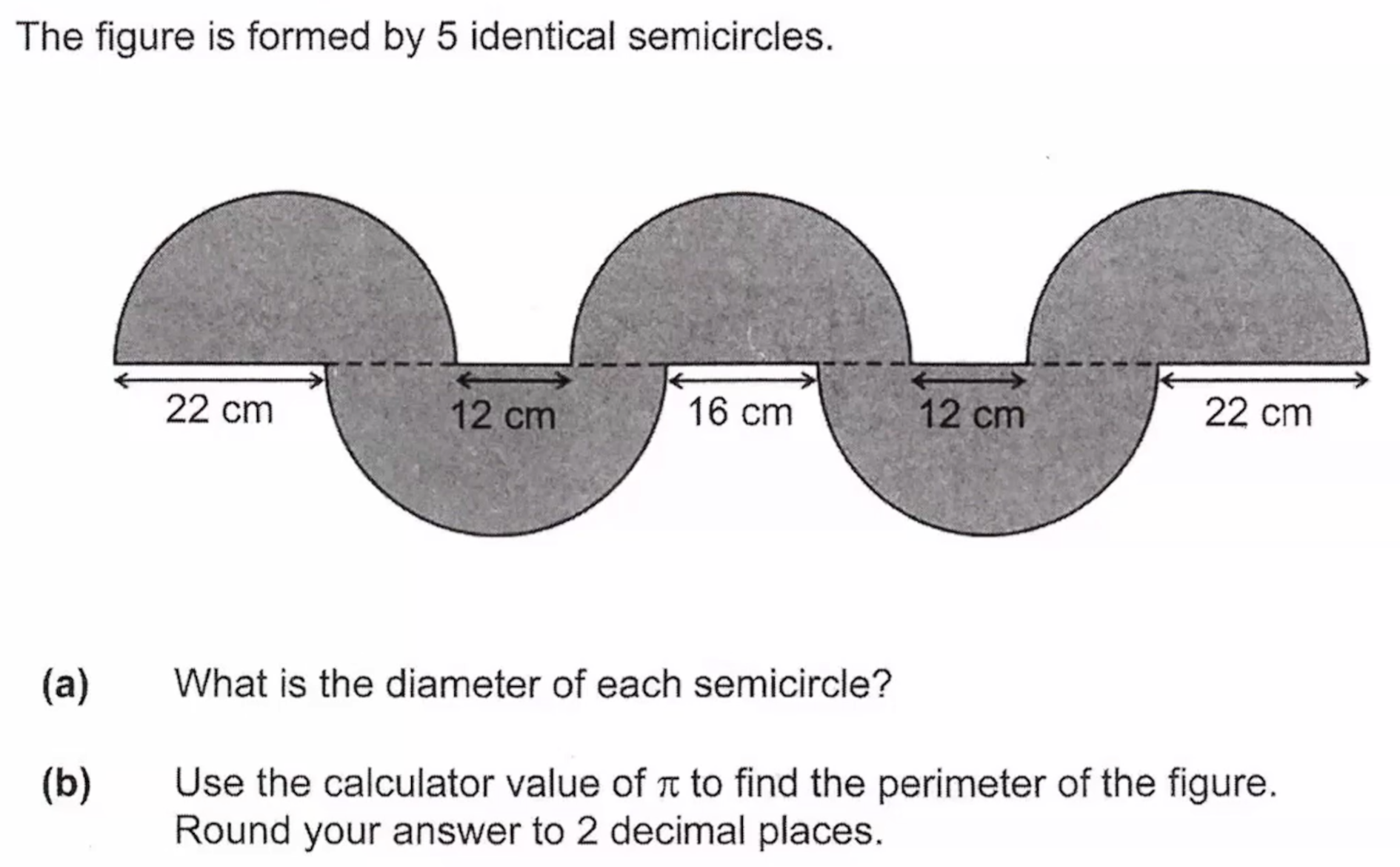 PSLE 2019 Mathematics Paper 2, Question 16 — Overlapping Semicircles